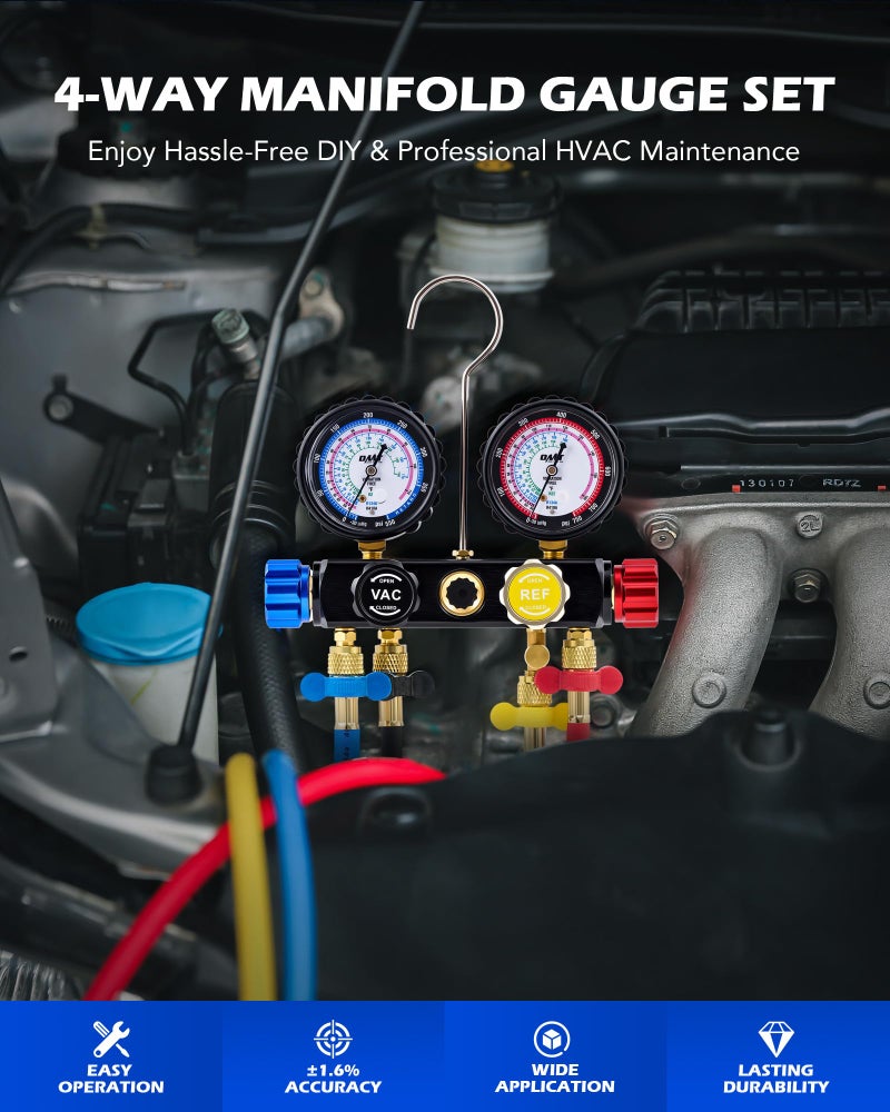 Orion Motor Tech 4 Way AC Gauge Set for R410a R22 R134a Refrigerant, 4 Valve Automotive AC Manifold with 5ft Hoses, R410a Adapters, Can Tap - Image 2